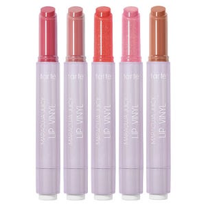 A set of five Tarte Maracuja Juicy Lip Vinyls in various shades, each in a light purple tube with silver text.