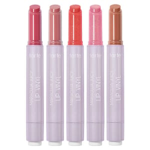 A set of five Tarte Maracuja Juicy Lip Vinyls in various shades, each in a light purple tube with silver text.