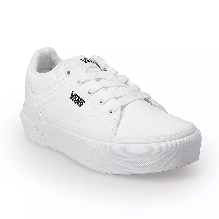 Vans Kids' Platform Shoes in white feature a classic low-top design with a thick sole, lace-up closure, and the Vans logo on the side.