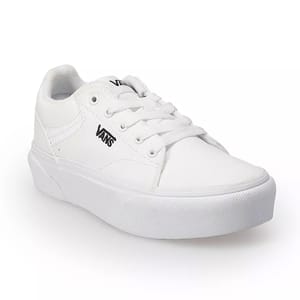 Vans Kids' Platform Shoes in white feature a classic low-top design with a thick sole, lace-up closure, and the Vans logo on the side.