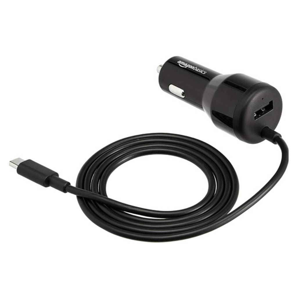 Amazon Basics 30W car charger with a USB port and an attached cable featuring a USB-C connector, designed for charging devices in a vehicle.