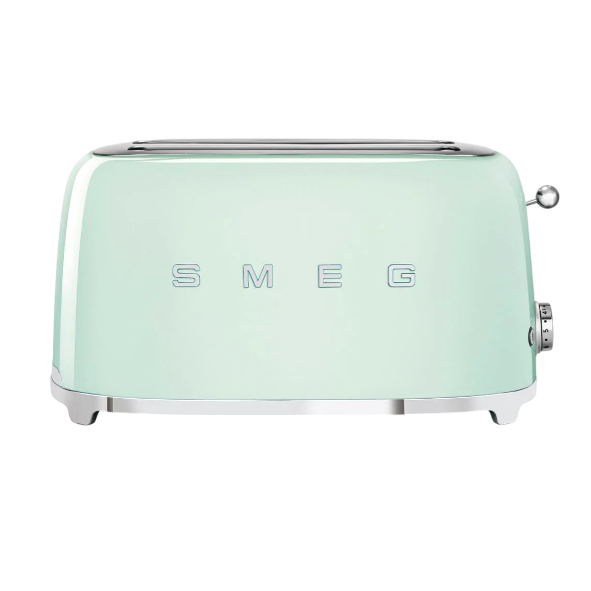 A light green Smeg toaster with a retro design, featuring two slots and a lever on the side for operation.