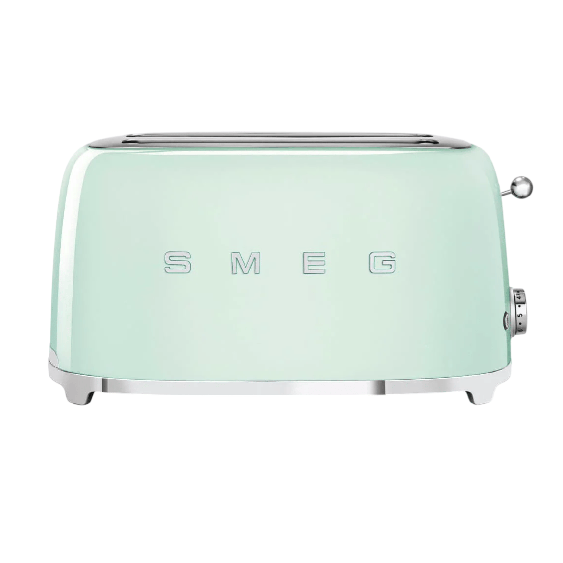 A light green Smeg toaster with a retro design, featuring two slots and a lever on the side for operation.