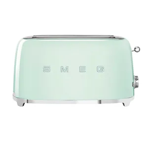 A light green Smeg toaster with a retro design, featuring two slots and a lever on the side for operation.