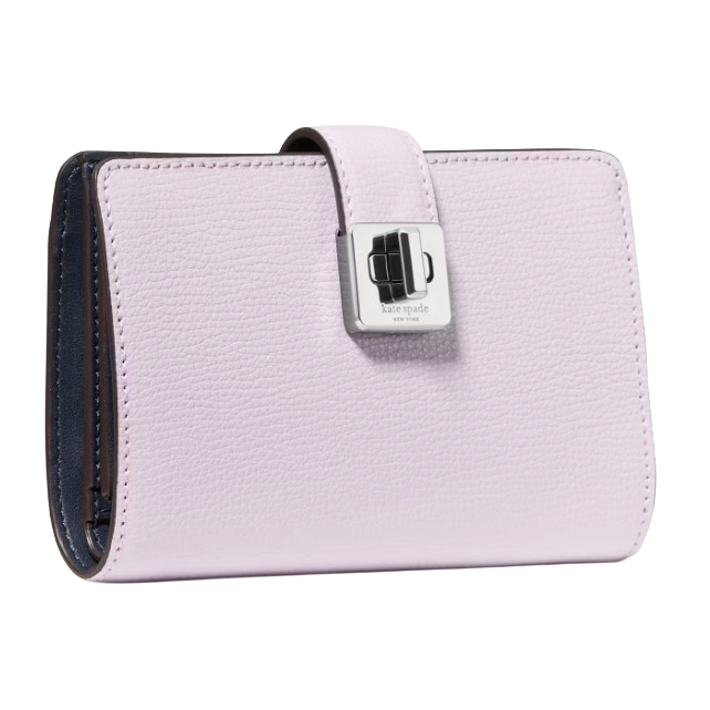 A lavender leather wallet with a silver-tone clasp, featuring a logo that reads \“kate spade new york.\“