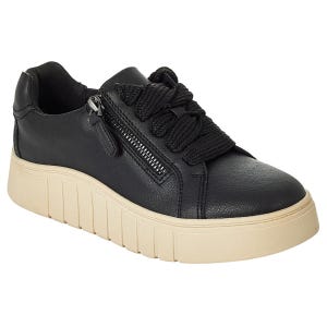 Black sneaker with a beige platform sole, featuring thick black laces and a side zipper detail.
