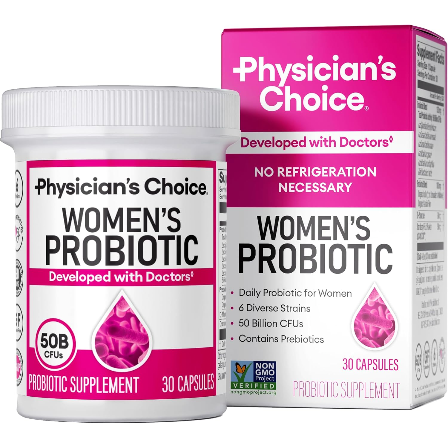 Physician's Choice Women's Probiotic is a supplement with 30 capsules, offering 50 billion CFUs and 6 diverse strains. It includes prebiotics and requires no refrigeration. Non-GMO verified, developed with doctors for women's daily health.