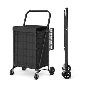A black 23-gallon foldable shopping cart features a sturdy frame, four caster wheels for mobility, a push handle, and a side basket. It can be collapsed for easy storage.