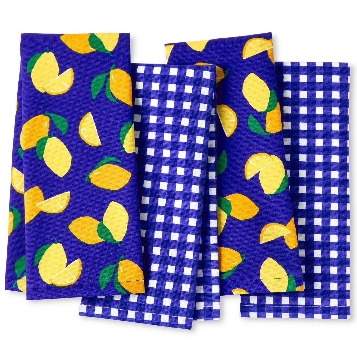 A set of kitchen towels featuring a vibrant design with two lemon-patterned towels and two blue and white checkered towels.