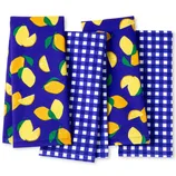 A set of kitchen towels featuring a vibrant design with two lemon-patterned towels and two blue and white checkered towels.