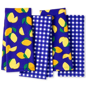 A set of kitchen towels featuring a vibrant design with two lemon-patterned towels and two blue and white checkered towels.