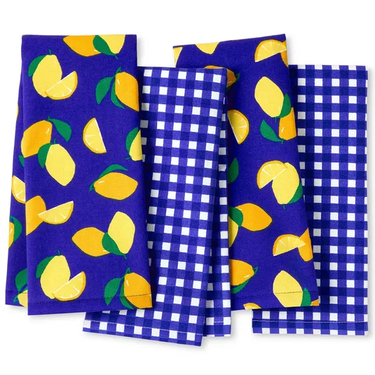 A set of kitchen towels featuring a vibrant design with two lemon-patterned towels and two blue and white checkered towels.