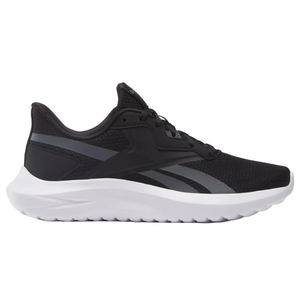 A black athletic shoe with a white sole and dark gray accents, featuring a lightweight mesh upper for breathability.