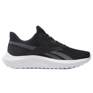 A black athletic shoe with a white sole and dark gray accents, featuring a lightweight mesh upper for breathability.