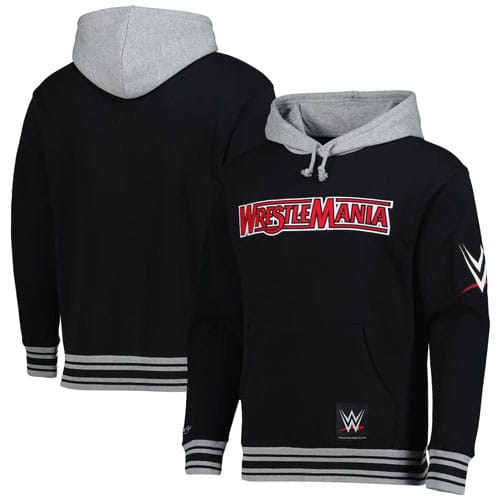 A black and gray WWE hoodie features \“WrestleMania\“ on the front and the WWE logo on both the sleeve and hem, with a front pocket and drawstring hood.