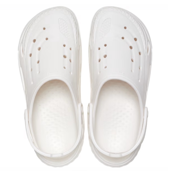 A pair of white rubber clogs with ventilation holes on the top and sides.