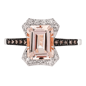 A rectangular morganite gemstone ring set in a white metal with a diamond halo and a band accented with smaller stones.