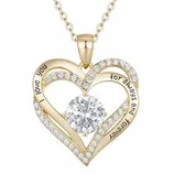 Gold heart-shaped pendant necklace with a central clear gemstone and the inscription \“I love you for always and forever\“ on the outer edges, embellished with small crystals.