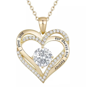 Gold heart-shaped pendant necklace with a central clear gemstone and the inscription \“I love you for always and forever\“ on the outer edges, embellished with small crystals.