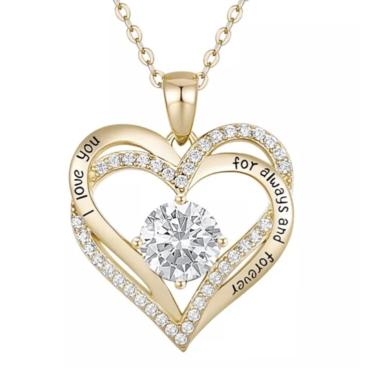 Gold heart-shaped pendant necklace with a central clear gemstone and the inscription \“I love you for always and forever\“ on the outer edges, embellished with small crystals.
