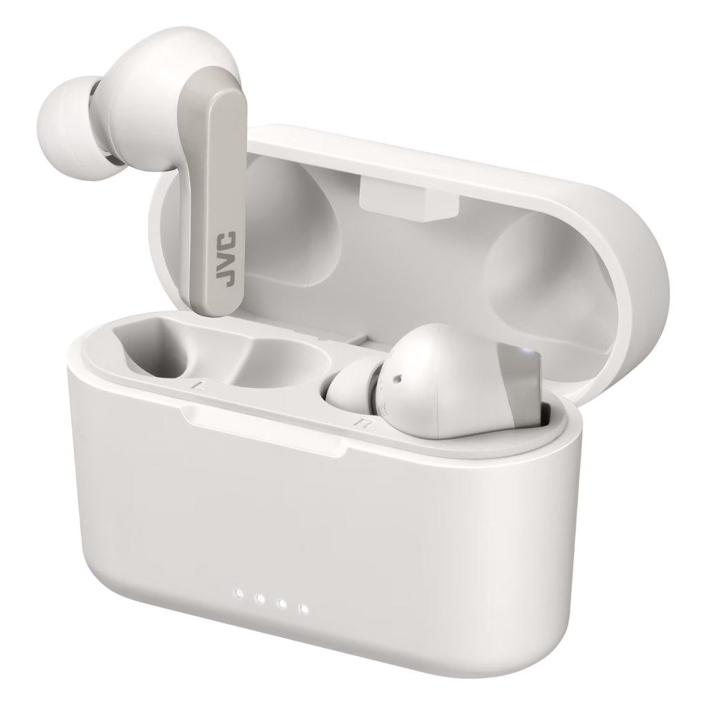 JVC wireless earbuds with a charging case, featuring in-ear design and a sleek white finish, designed for convenient audio experiences.