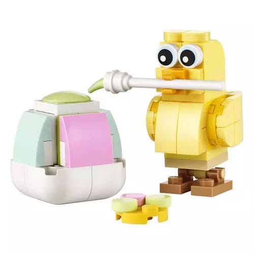 Yellow brick-built bird with googly eyes interacting with a colorful brick-built object, possibly an egg with a pastel color scheme, featuring detachable elements.