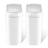 Two sleek white trash bins with touchless lids stand side by side, featuring a modern design with sensor technology for hands-free operation.