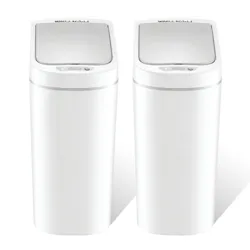 Two sleek white trash bins with touchless lids stand side by side, featuring a modern design with sensor technology for hands-free operation.