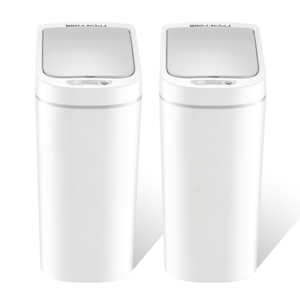 Two sleek white trash bins with touchless lids stand side by side, featuring a modern design with sensor technology for hands-free operation.