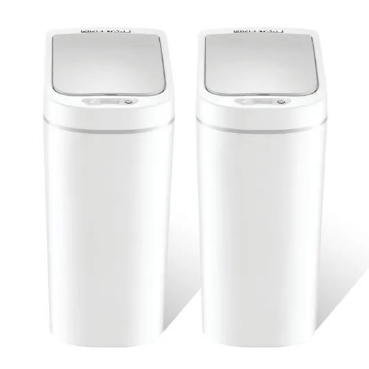 Two sleek white trash bins with touchless lids stand side by side, featuring a modern design with sensor technology for hands-free operation.