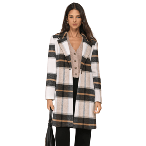 A woman is wearing a plaid coat over a buttoned cardigan, paired with black pants and black flat shoes. She carries a black handbag.