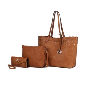 Three tan brown MKF bags consisting of a large tote with cut-out detailing and dual straps, a medium crossbody bag with an adjustable strap, and a small wallet with a wrist strap, all featuring the MKF logo.