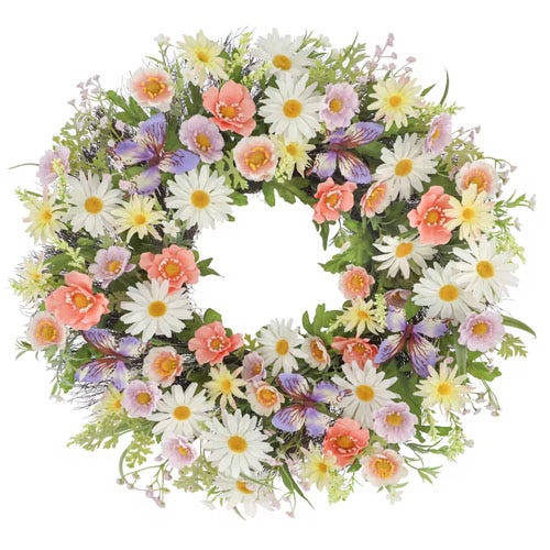 A spring wreath for a door with white daisies, purple butterflies, greenery, and pink flowers.