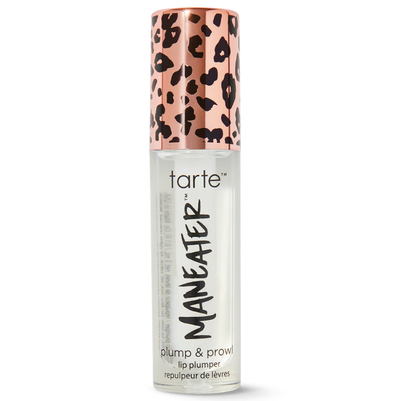 Tarte Maneater Plump & Prowl lip plumper with a leopard print cap designed to enhance lip fullness.