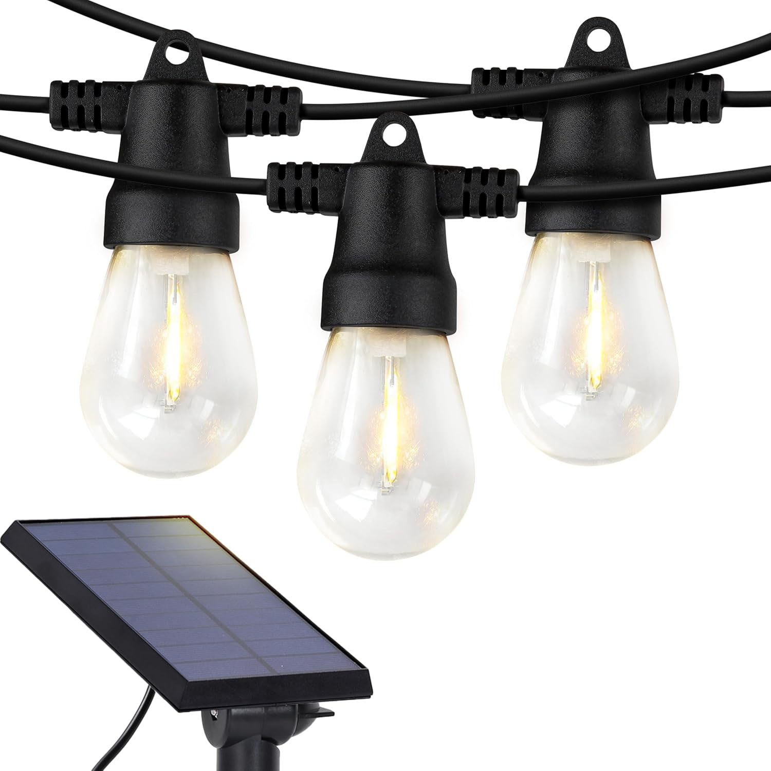 Solar-powered patio string lights featuring bulbs with filament-style illumination and a sleek black cable. An attached solar panel provides energy, making them ideal for outdoor use without electrical outlets.