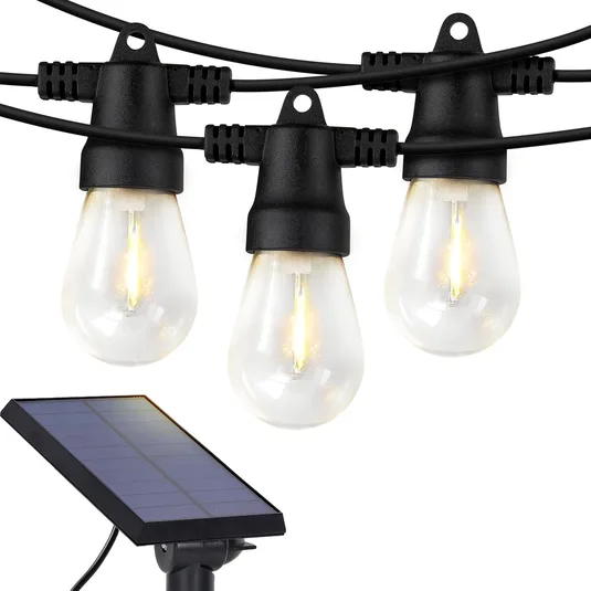 Solar-powered patio string lights featuring bulbs with filament-style illumination and a sleek black cable. An attached solar panel provides energy, making them ideal for outdoor use without electrical outlets.