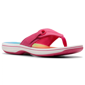 Pink thong sandal with a cushioned, multicolored footbed and a white sole, designed for comfort and casual wear.