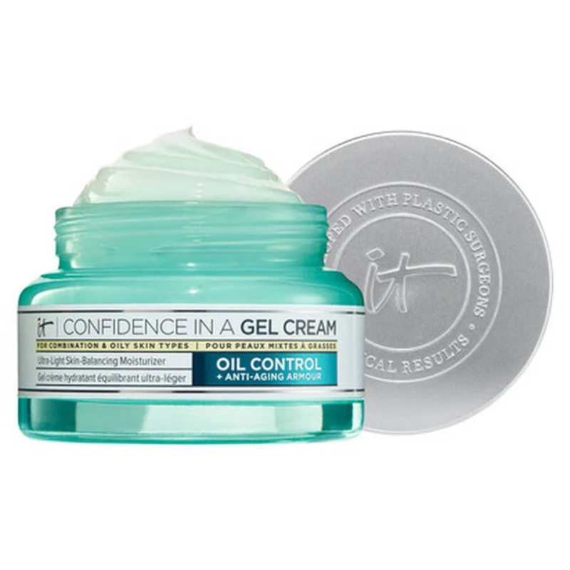 IT Cosmetics Confidence in a Gel Cream for combination and oily skin types is an ultra-light moisturizer with oil control and anti-aging benefits, in a light blue-green jar with a silver lid.