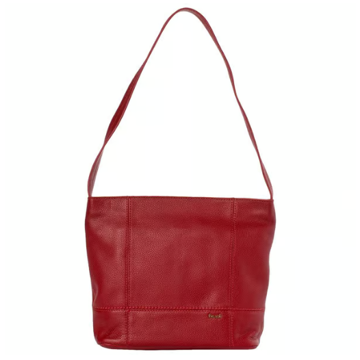 A red leather shoulder bag with a simple, structured design and a single wide strap.