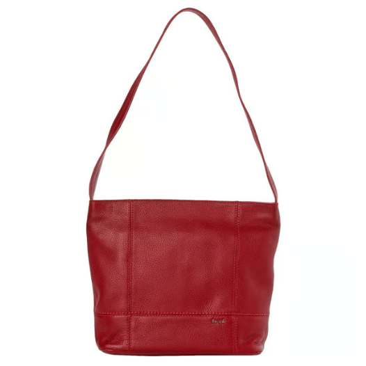 A red leather shoulder bag with a simple, structured design and a single wide strap.
