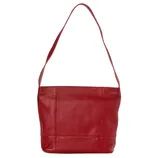 A red leather shoulder bag with a simple, structured design and a single wide strap.