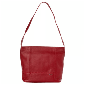 A red leather shoulder bag with a simple, structured design and a single wide strap.
