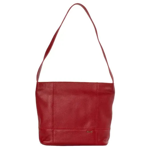 A red leather shoulder bag with a simple, structured design and a single wide strap.