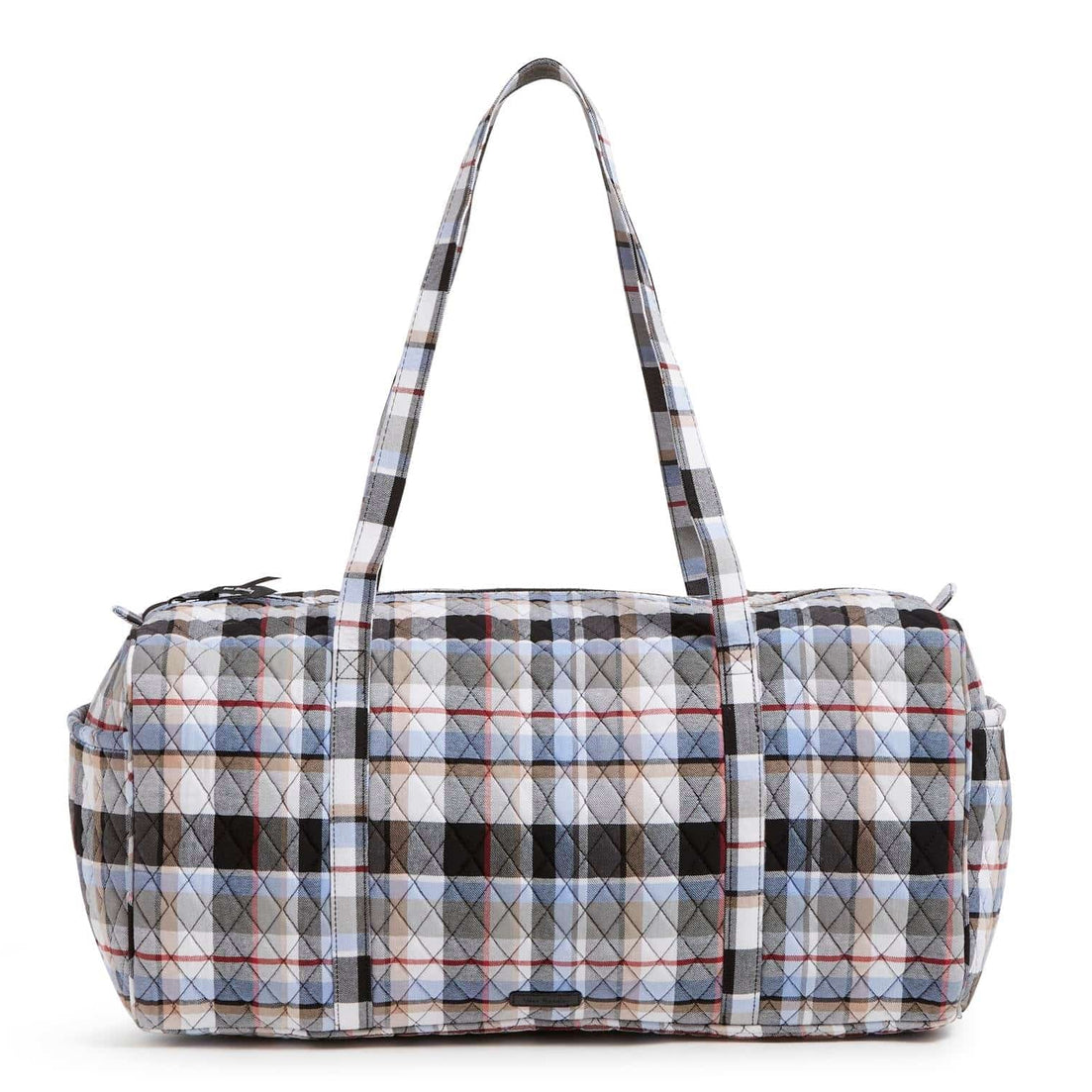 A checkered duffle bag with long handles.