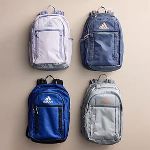 Four Adidas Excel 7 Backpacks are displayed in different colors: lavender, navy, royal blue, and gray, each featuring multiple pockets and the Adidas logo.