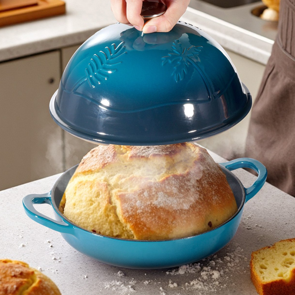 A round loaf of bread is shown being baked in a blue enameled cast iron baker, featuring a lid with a palm leaf design.
