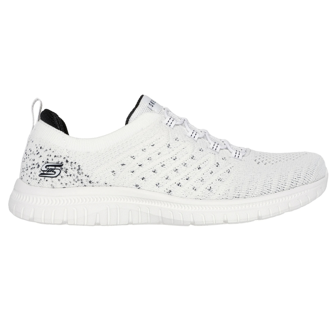 White Skechers Virtue Show Runner shoes with a knit upper, subtle black speckles, and slip-on design featuring a pull loop at the back and cushioned sole.