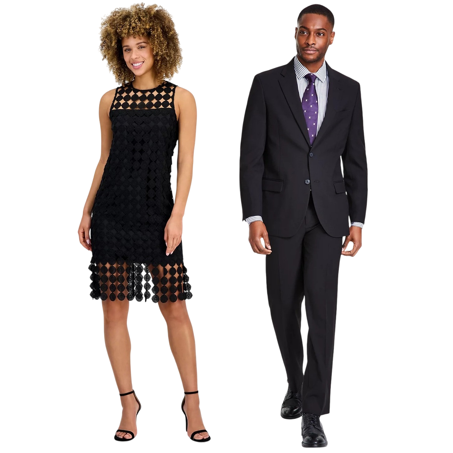 A woman is wearing a sleeveless black dress with circular lace patterns and a fringed hem, paired with black heels. A man is dressed in a dark suit with a striped shirt and purple tie, paired with black shoes.