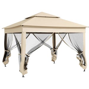 A beige outdoor gazebo with a double-tiered roof and black mesh side curtains.