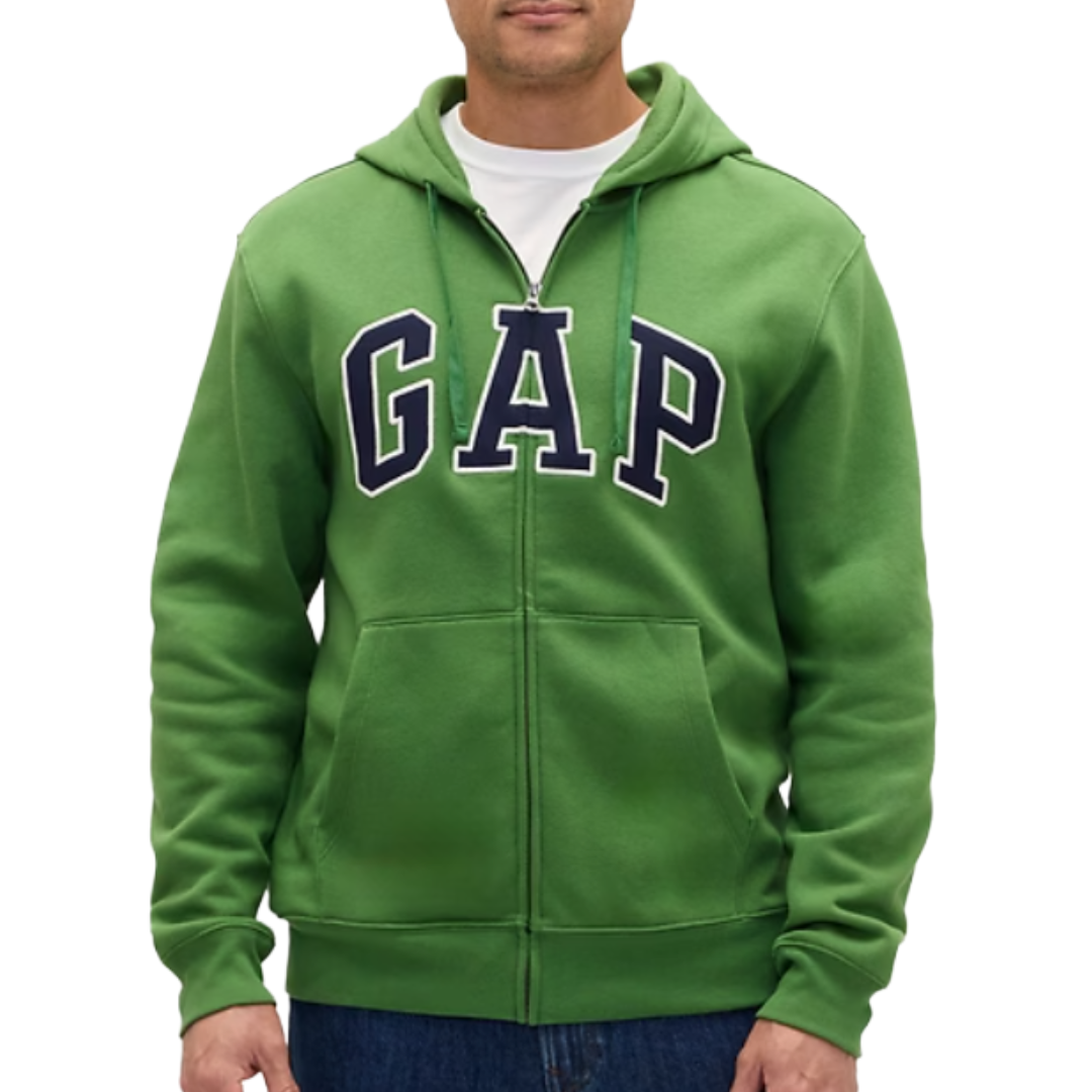 Green zip-up hoodie with \“GAP\“ logo on the front, worn over a white shirt.